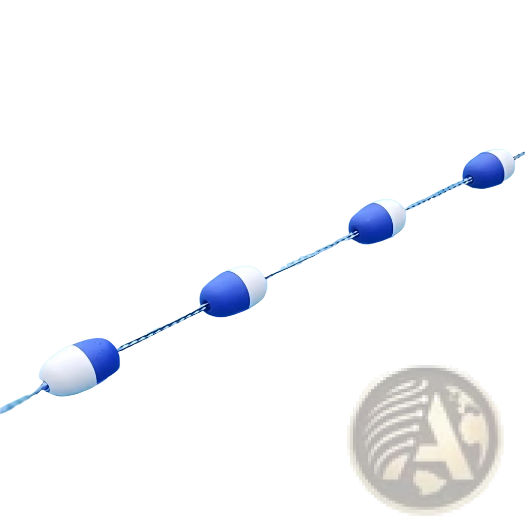 Blue and white buoyancy markers linked by a thin chain float in clear water for pool safety divider line 5m lane marker floats