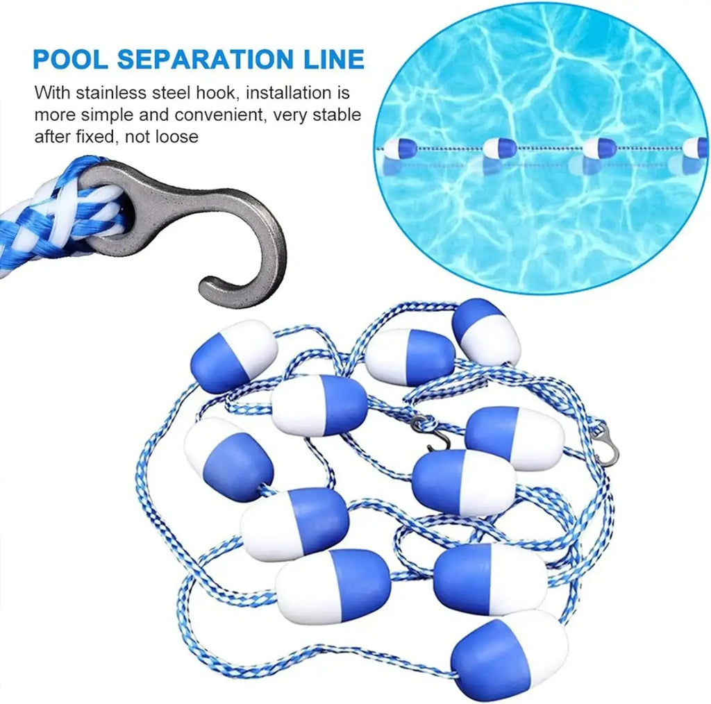 Blue and white striped pool safety divider line with buoyant oval-shaped floats for 5m lane marking