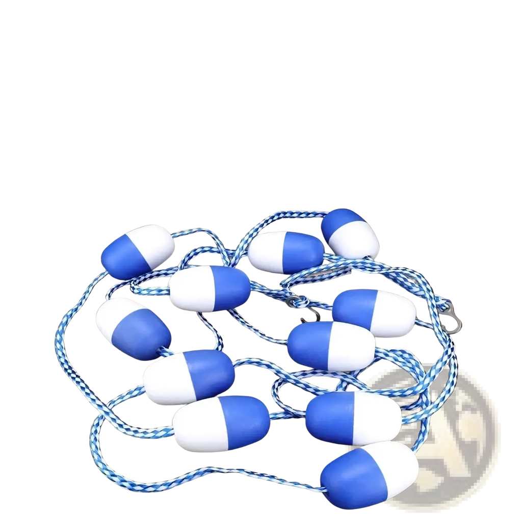 Blue and white buoyancy aids linked by braided rope for 5m pool safety divider lane marker floats