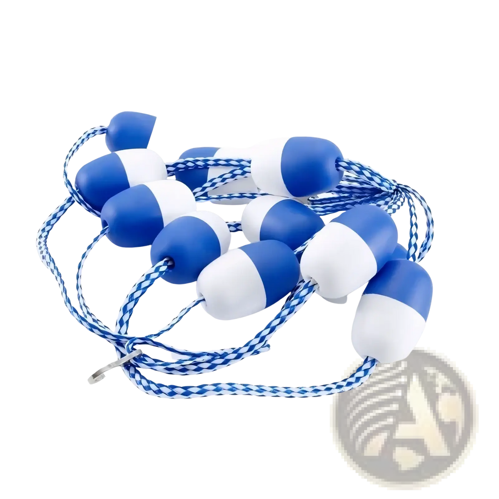 Blue and white buoy shaped pool safety divider line floats strung on braided rope for lane marking 5m length