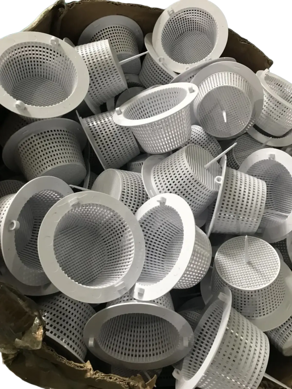 White plastic pool skimmer filter basket drainage assembly with perforated design and reinforced rims