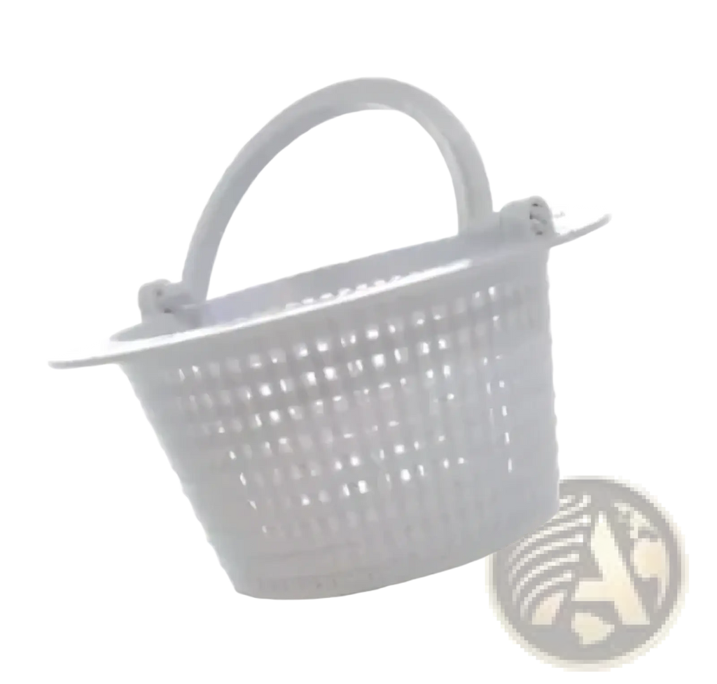 White plastic pool skimmer filter basket with perforated design and curved handle for drainage assembly use
