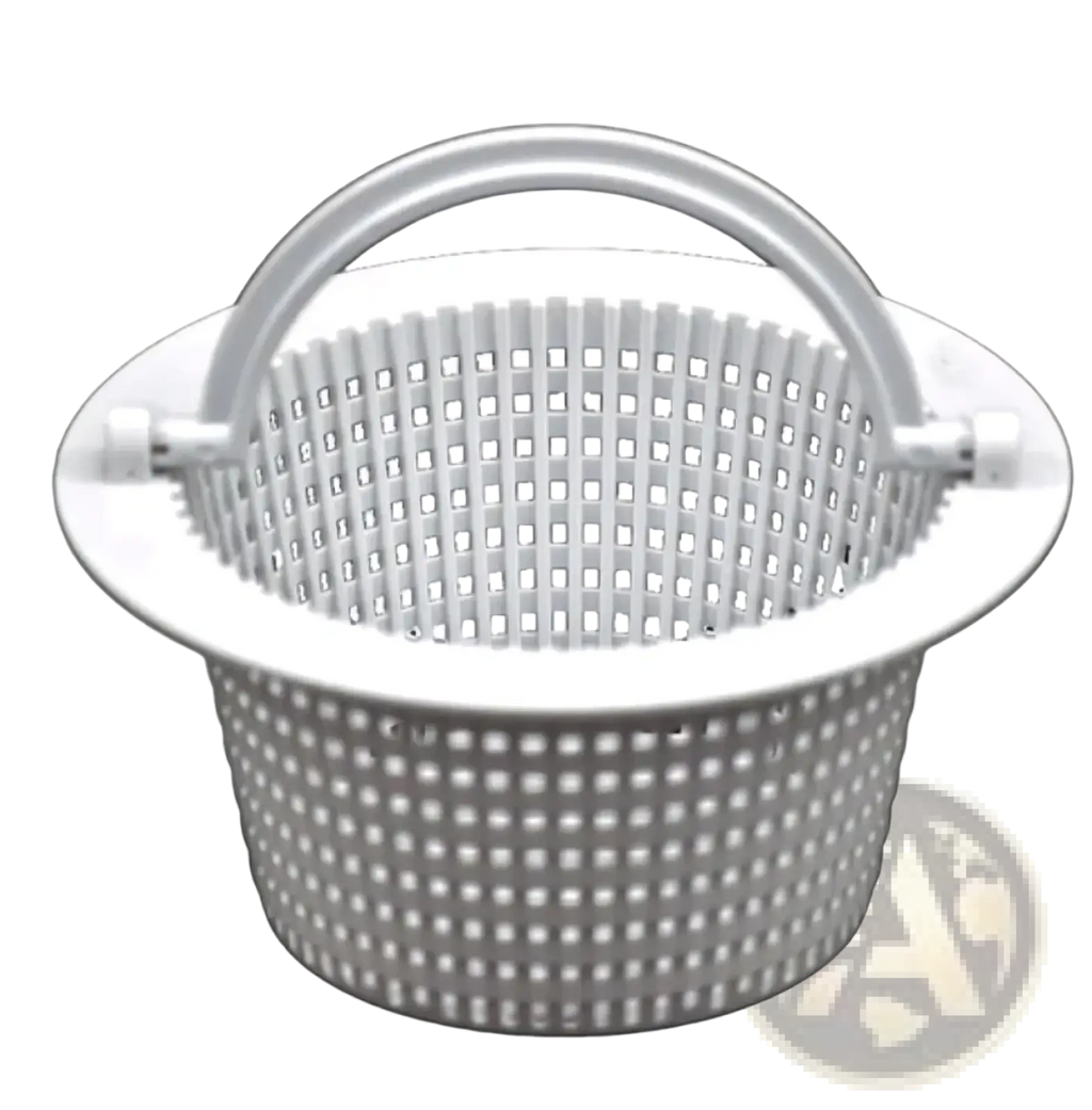 White plastic pool skimmer filter basket with handle and grid pattern for drainage assembly use