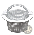 White plastic pool skimmer filter basket with handle and grid pattern for drainage assembly use