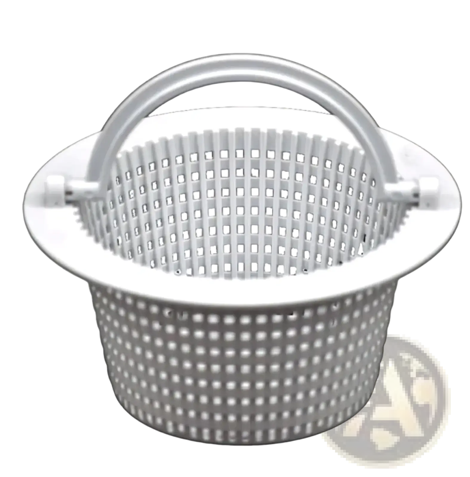 White plastic pool skimmer filter basket with handle and grid pattern for drainage assembly use
