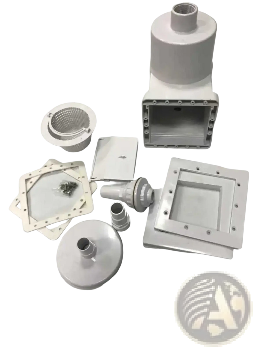 White plastic pool skimmer filter basket drainage assembly with threaded connectors and mounting plates shown from back side