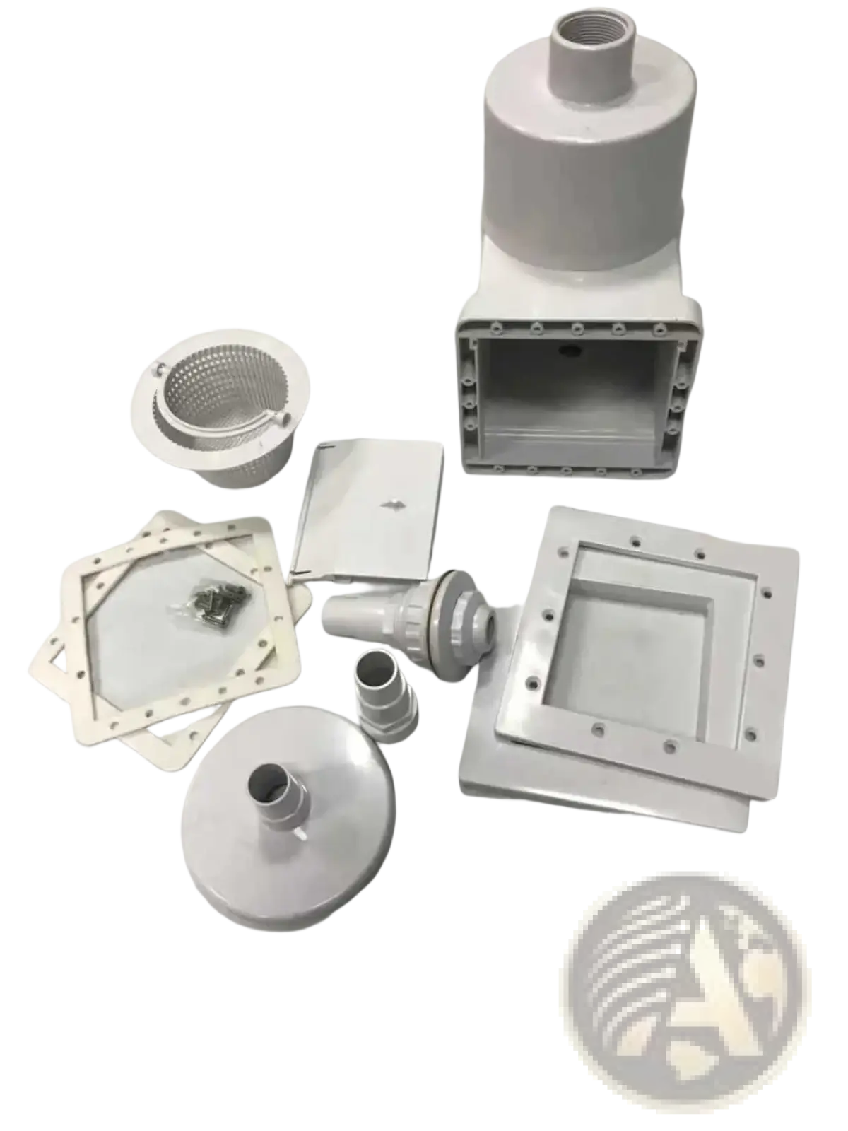 White plastic pool skimmer filter basket drainage assembly with threaded connectors and mounting plates shown from back side