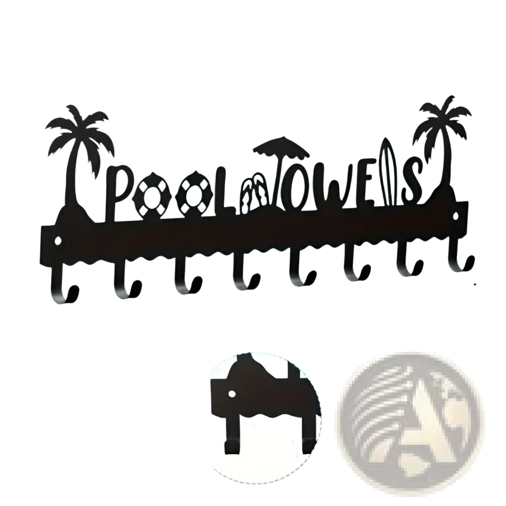 Black metal pool towel rack with 8 hooks featuring palm trees umbrella and surfboard cutouts wall mounted design