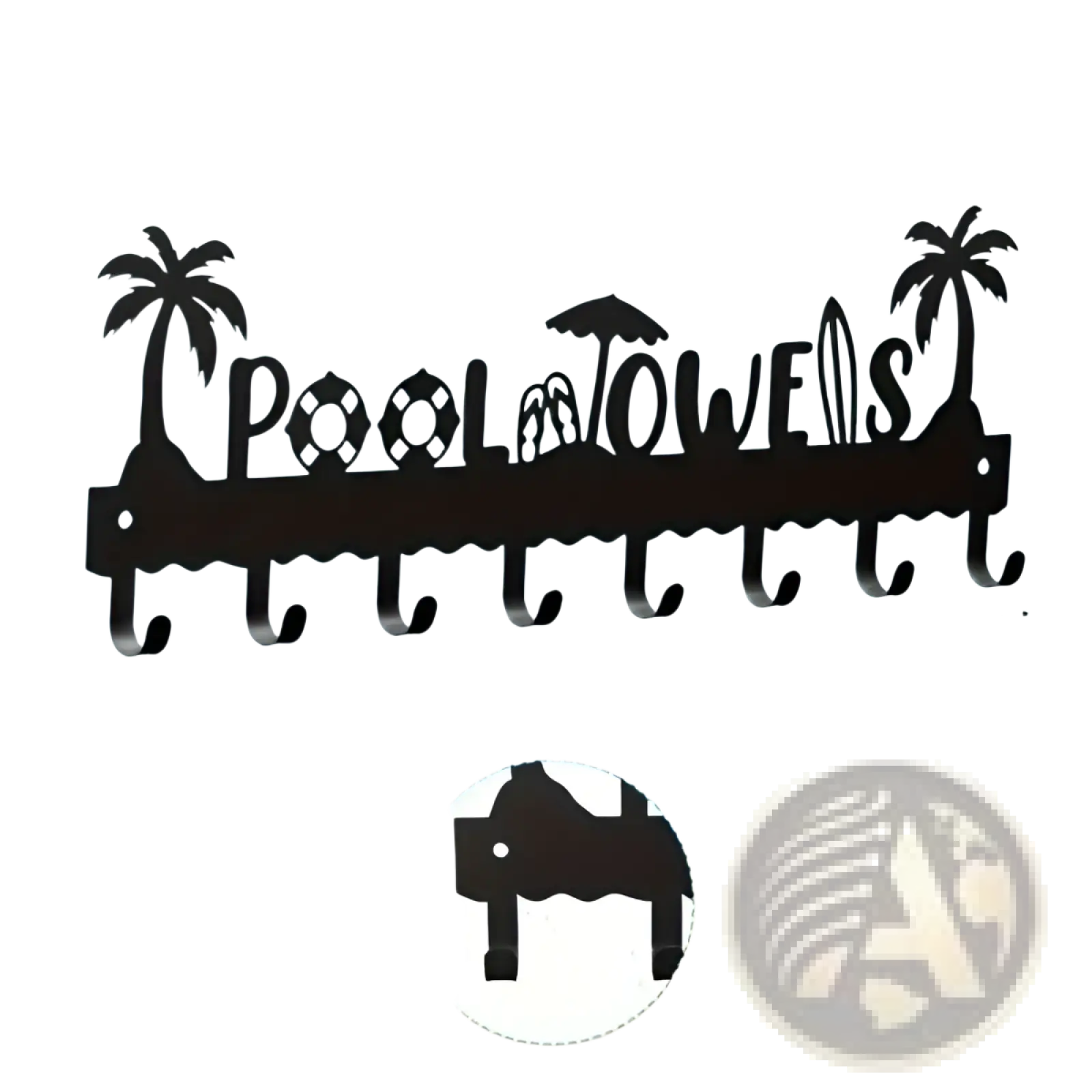 Black metal pool towel rack with 8 hooks featuring palm trees umbrella and surfboard cutouts wall mounted design