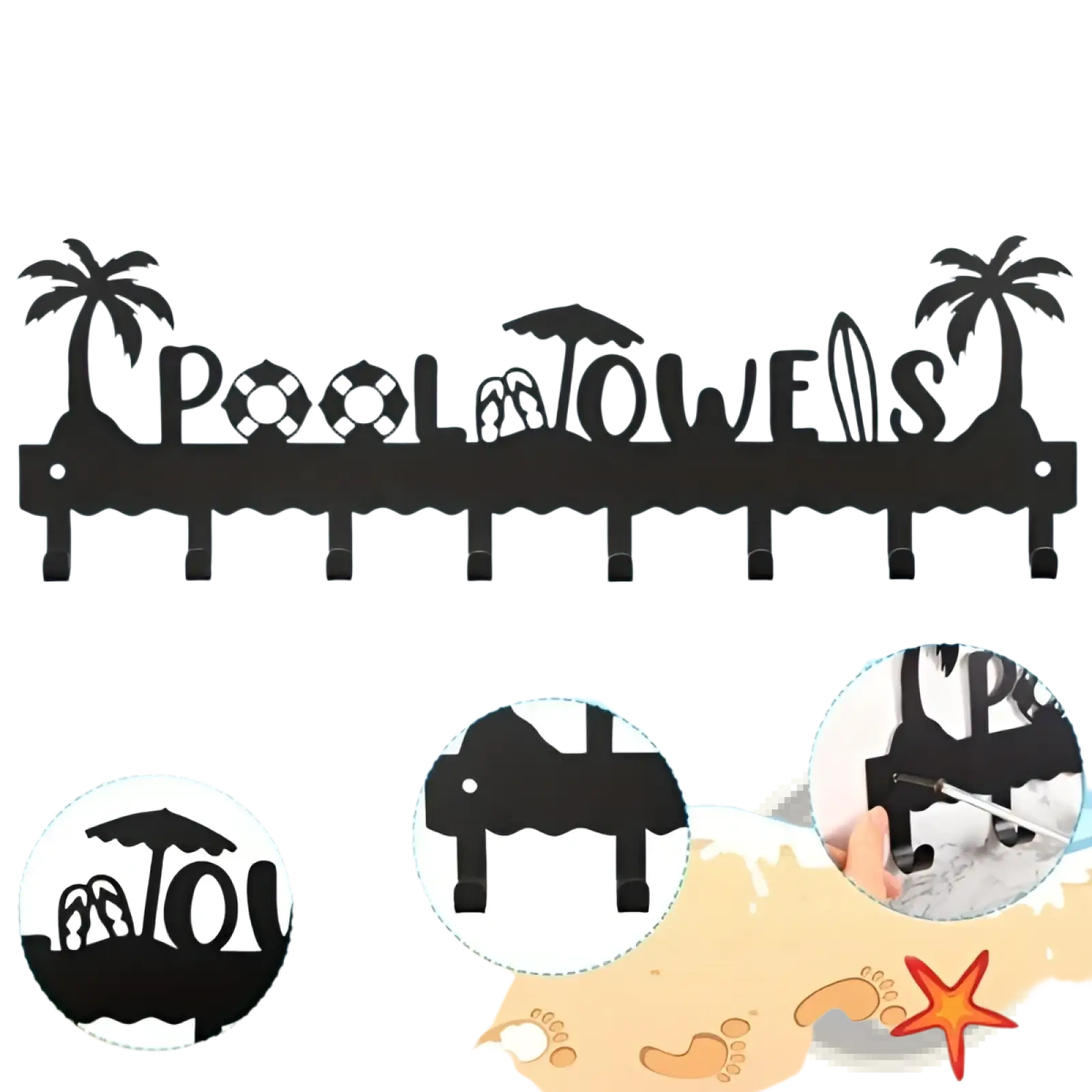 Black metal pool towel rack wall mounted with 8 hooks and cutout designs of palm trees beach umbrella flip-flops and surfboards