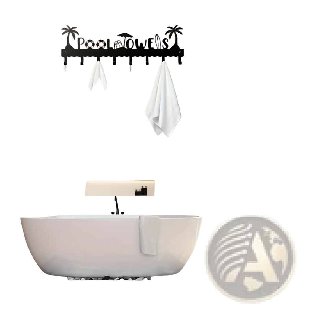 Black metal pool towel rack wall mounted with 8 hooks featuring palm tree and umbrella cutouts holding towels and sponges