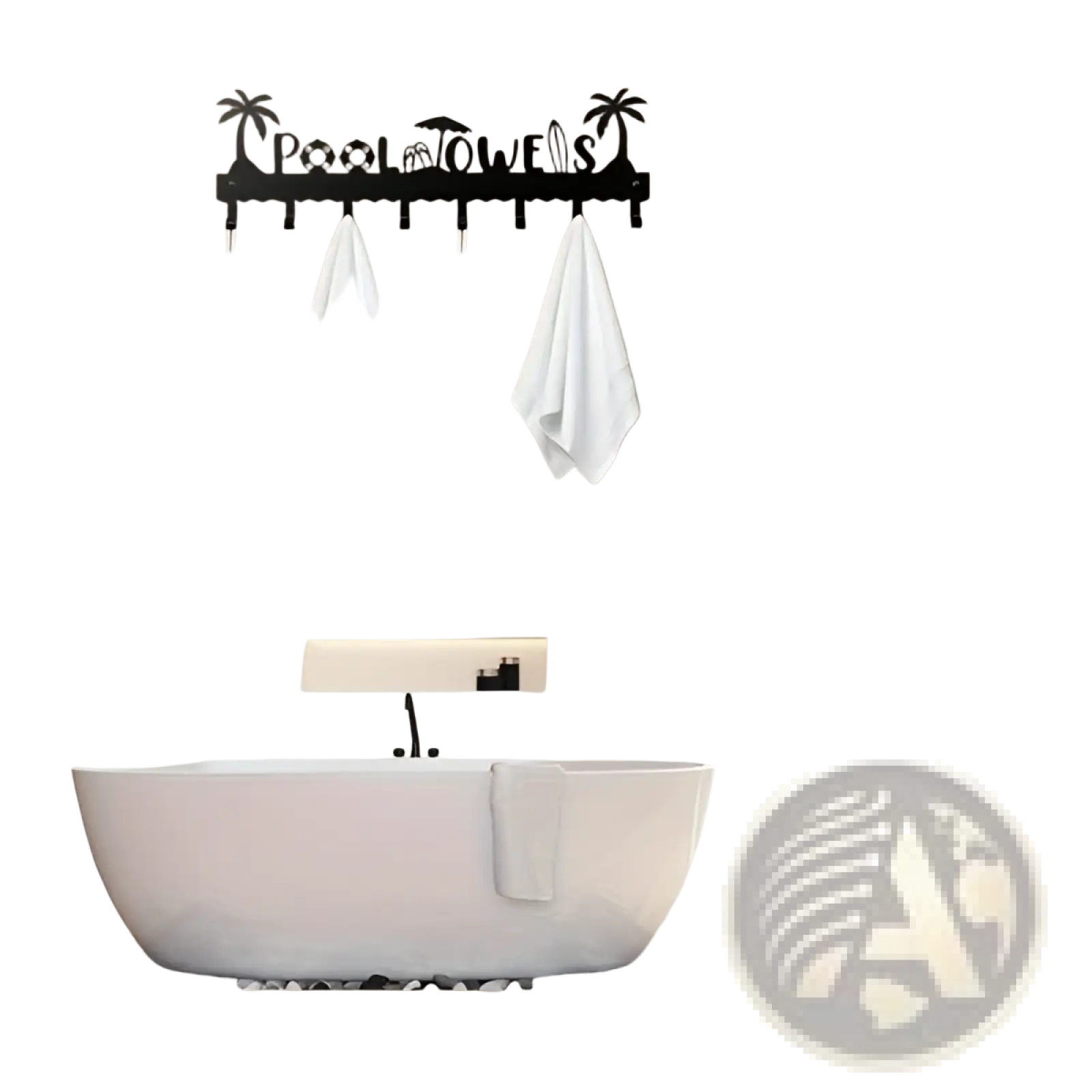 Black metal pool towel rack wall mounted with 8 hooks featuring palm tree and umbrella cutouts holding towels and sponges