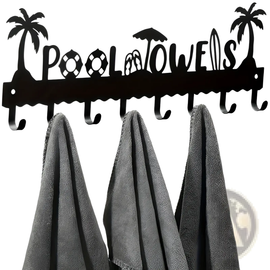Black metal pool towel rack wall mounted with 8 hooks and palm tree beach-themed cutouts spelling pool towels