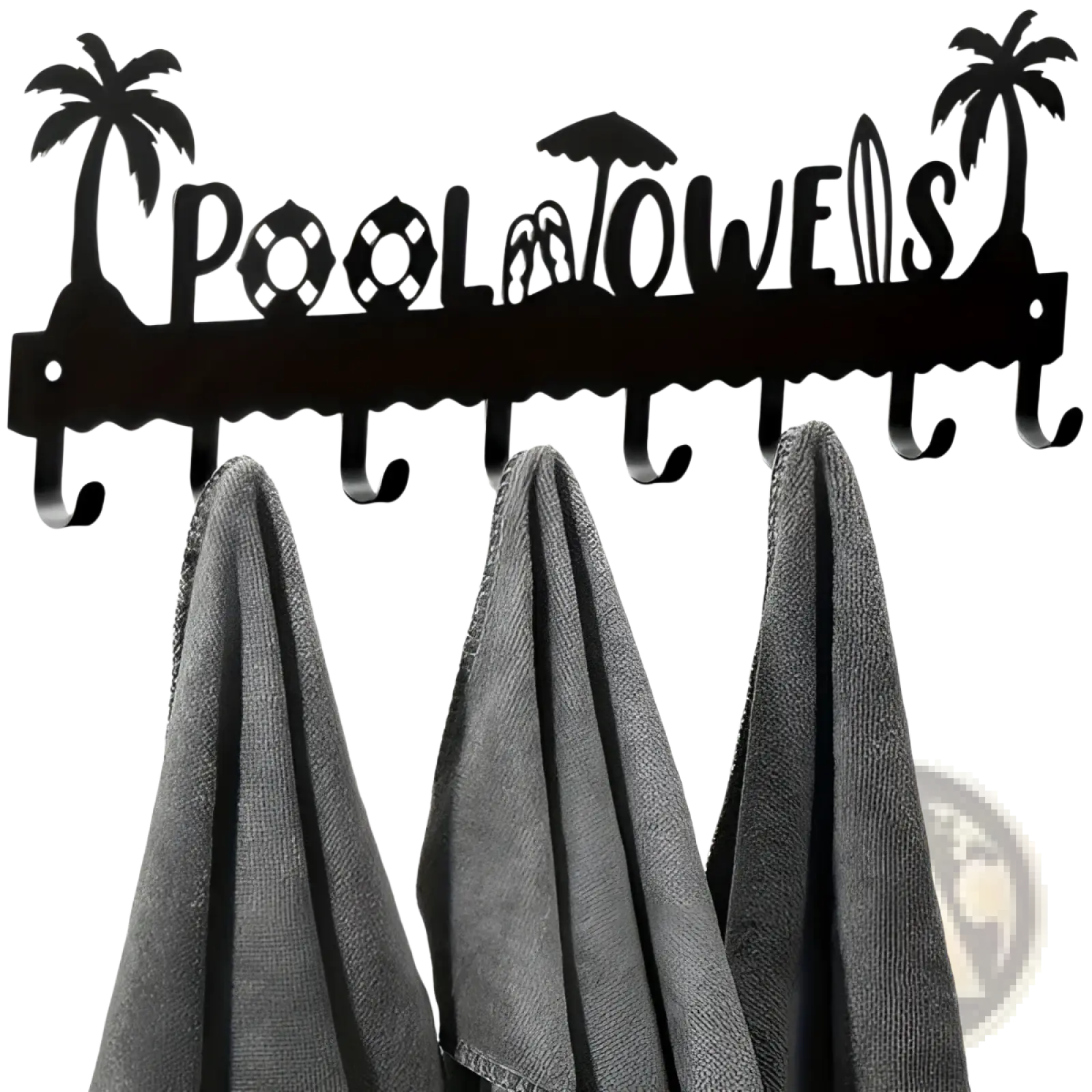 Black metal pool towel rack wall mounted with 8 hooks and palm tree beach-themed cutouts spelling pool towels