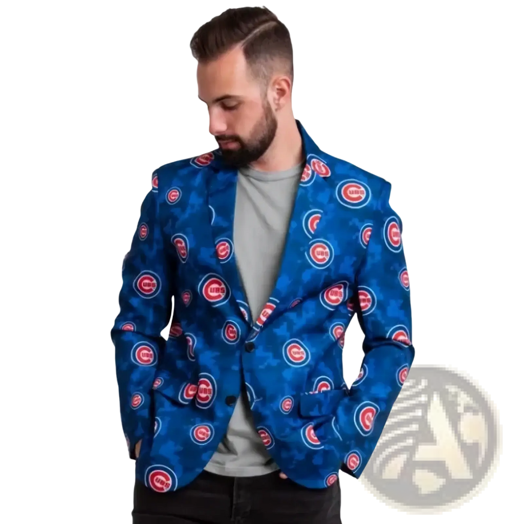 Blue blazer with repeating red and white chicago cubs logos on a camouflage background pop art graphic men party jacket