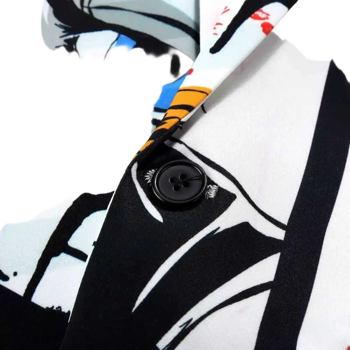 A bold pop art graphic men blazer with a striking cartoon eye print in blue black white and orange accents