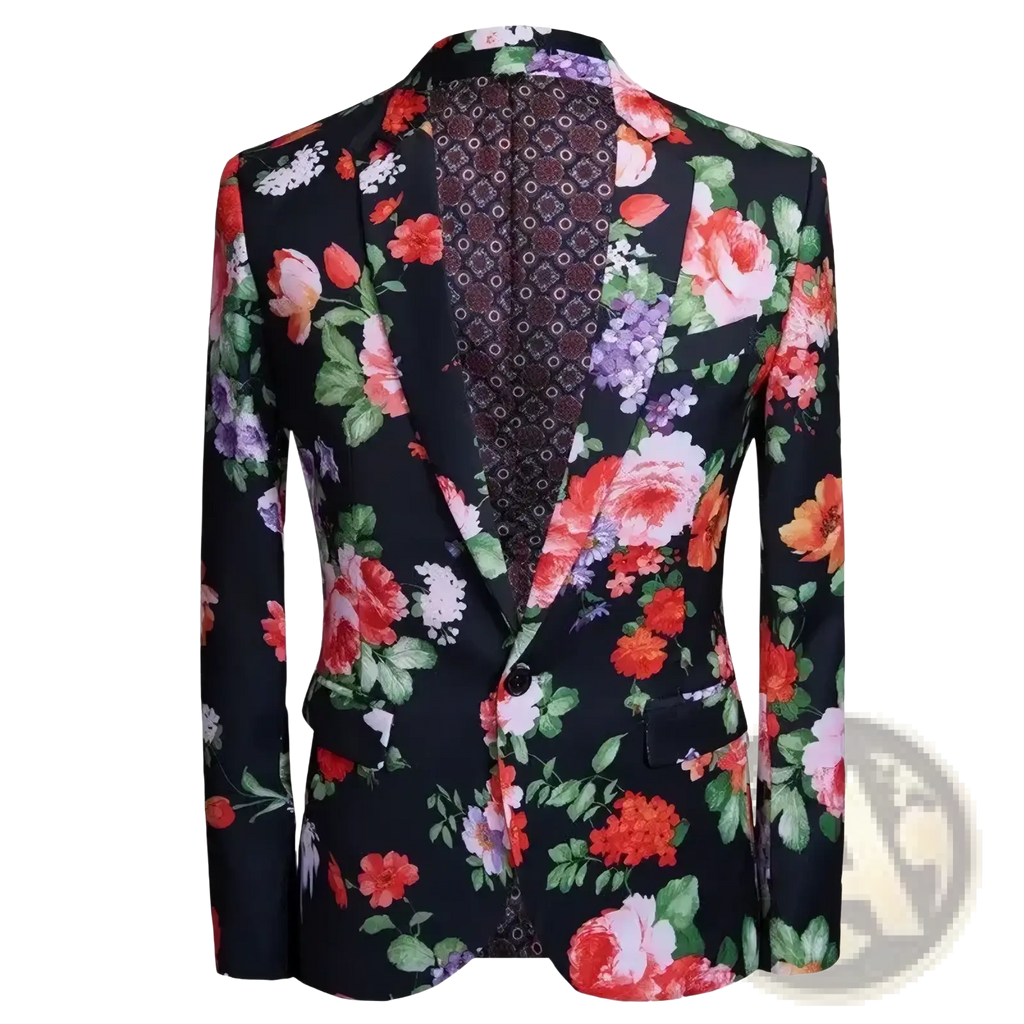 Black men’s blazer with vibrant red pink orange and purple floral pattern on dark background for party wear