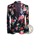 Black men’s blazer with vibrant red pink orange and purple floral pattern on dark background for party wear