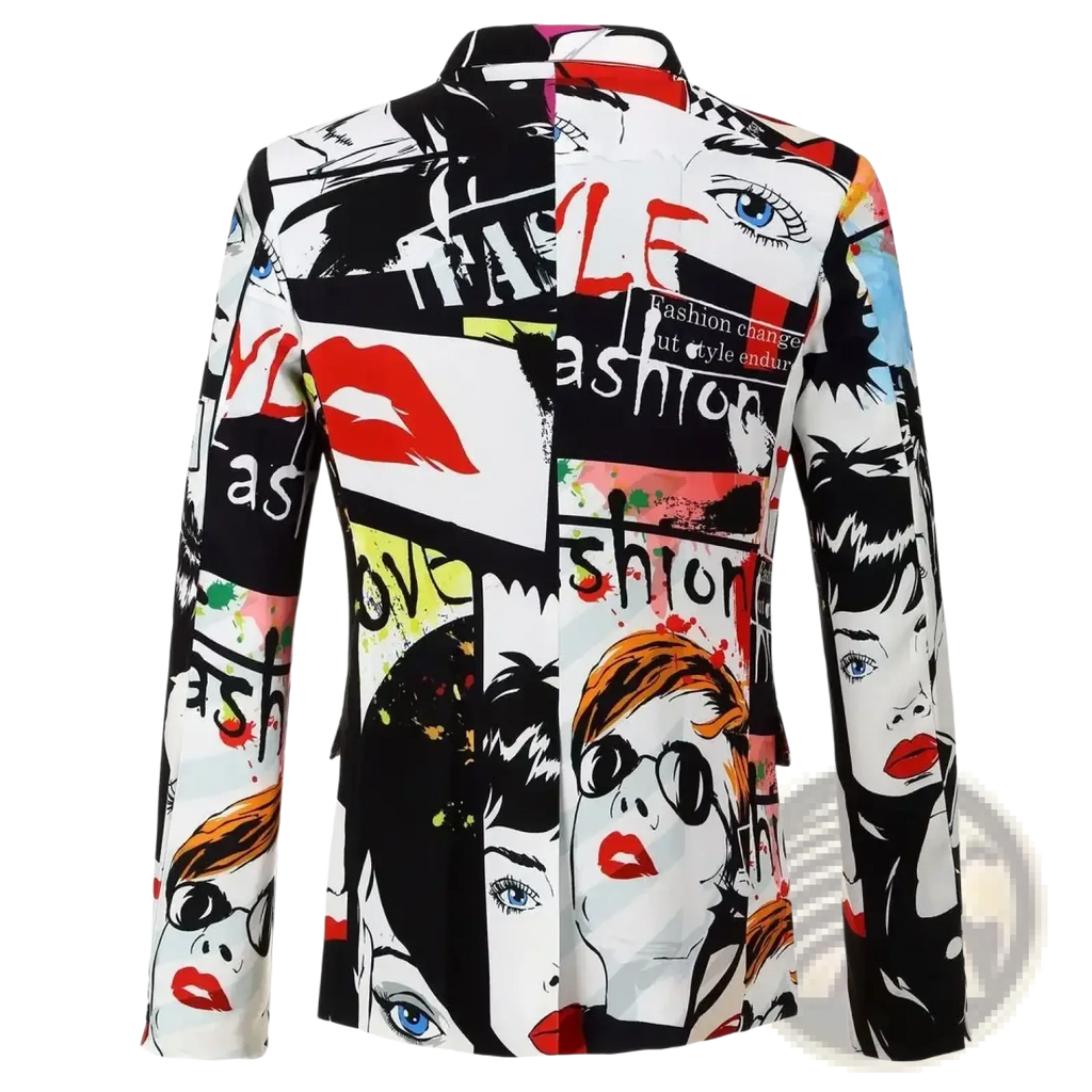 A vibrant pop art graphic men blazer with long sleeves featuring bold faces lips and typography in black white red blue and yellow
