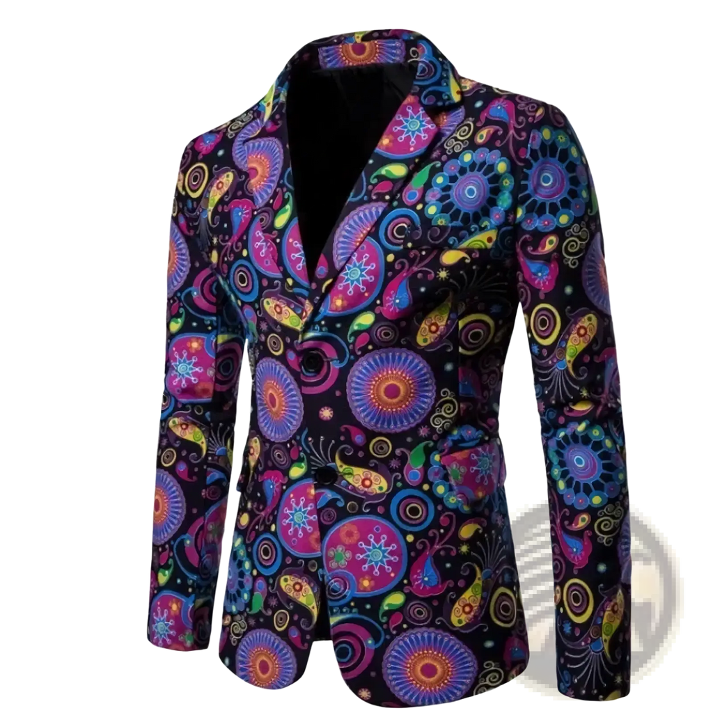 Pop art graphic men blazer with vibrant psychedelic patterns in bold purple pink blue and yellow on dark fabric
