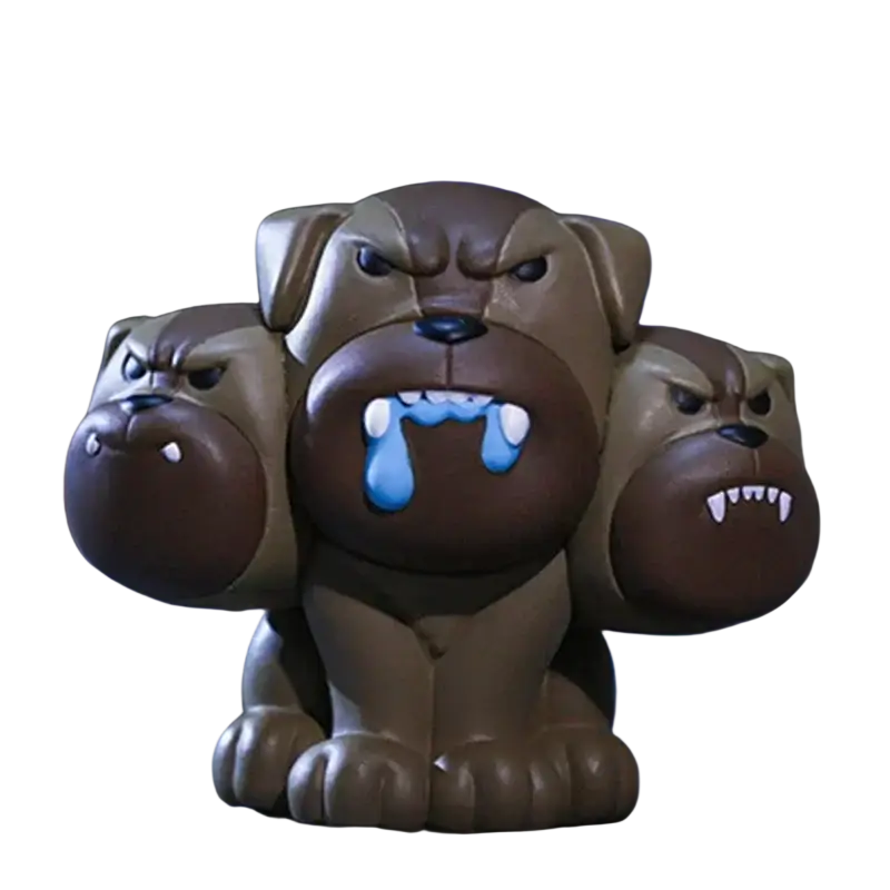 Brown three-headed dog blind box figurine with blue drool and white fangs from pop mart harry potter actual product