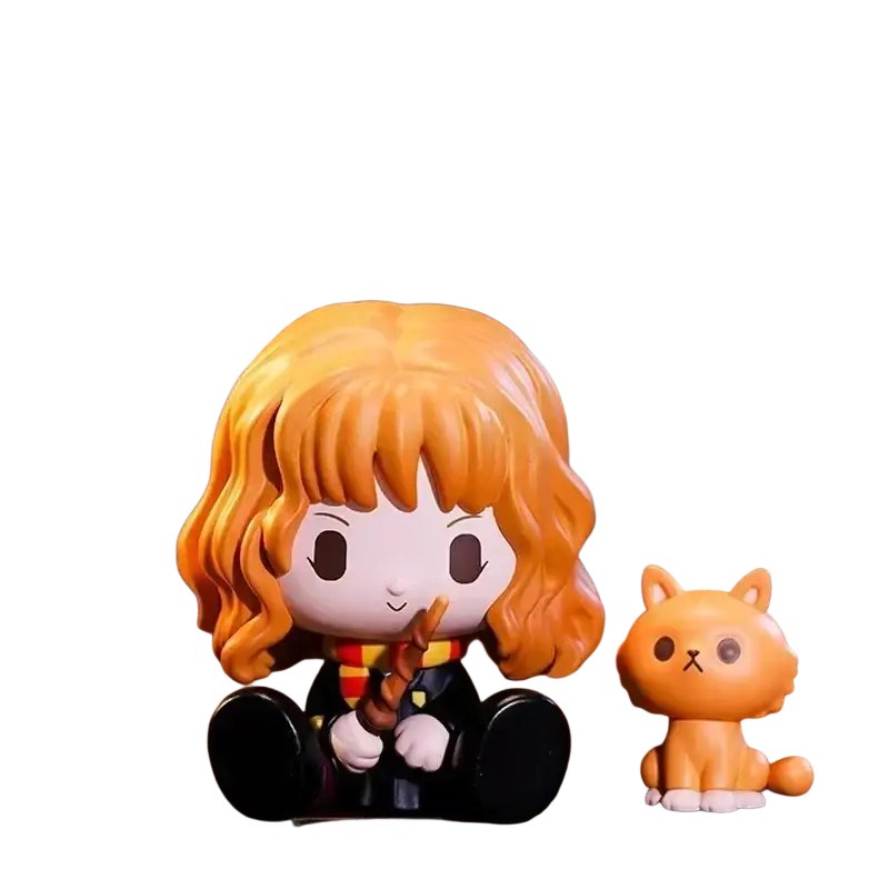 Chibi-style hermione granger blind box figurine by pop mart with orange hair black robe red and gold scarf holding wand