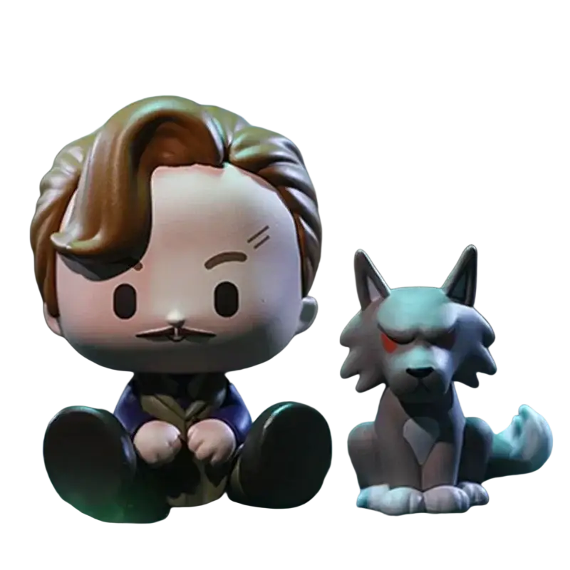 Chibi-style pop mart harry potter blind box actual product figurine featuring a man with gray wolf in purple and green attire