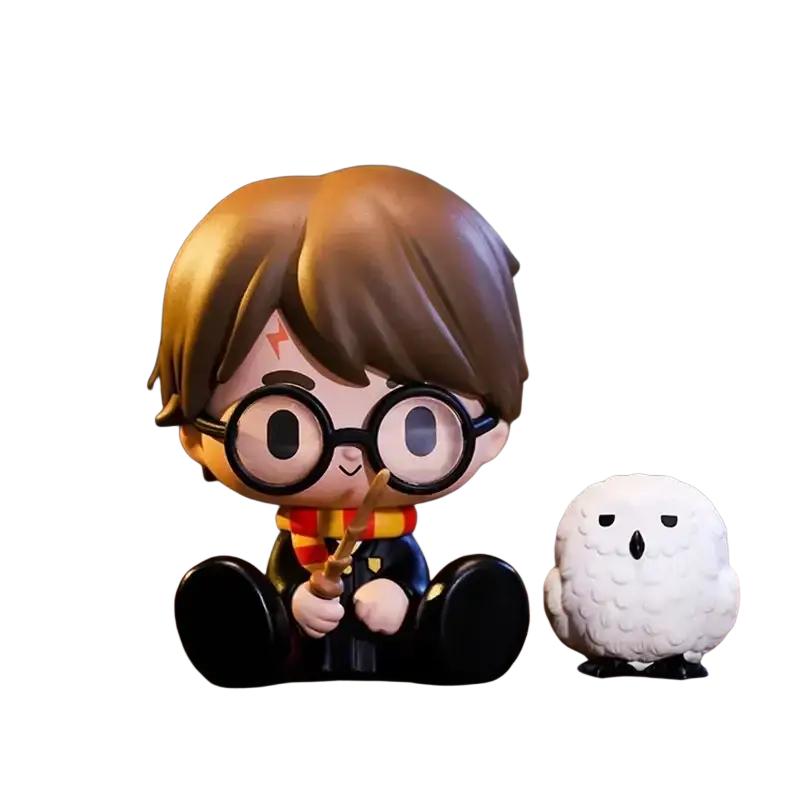 Chibi-style Harry Potter blind box figurine by Pop Mart with brown hair, black glasses, red and gold scarf holding wand
