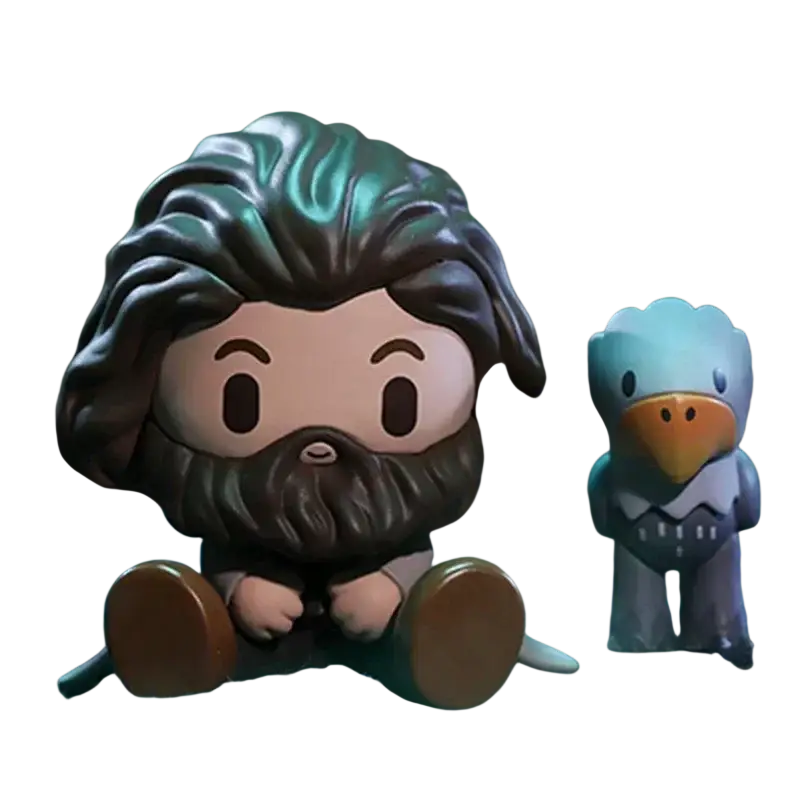 Pop mart harry potter blind box figurine of chubby dark-haired wizard with beard and small bird companion actual product