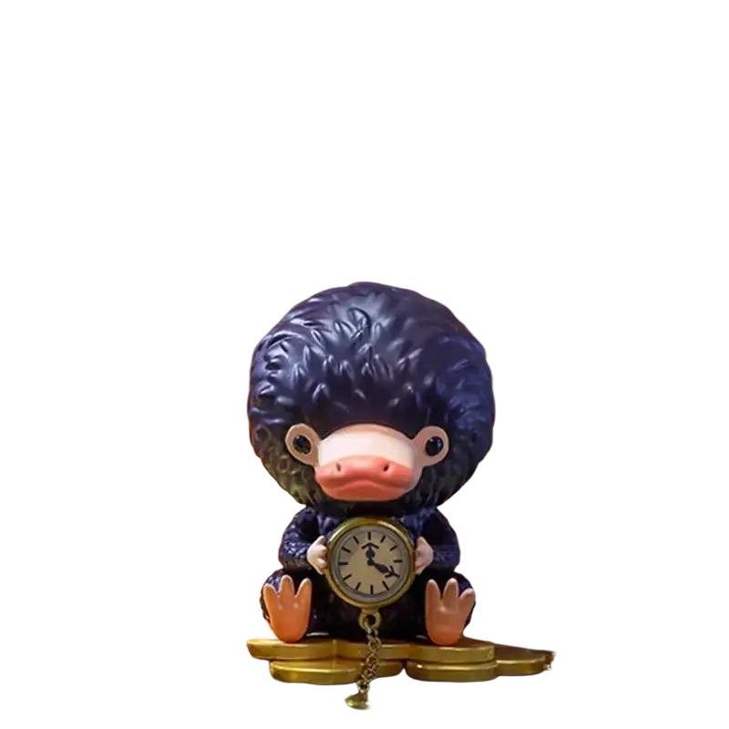 Pop mart harry potter blind box actual product featuring a dark blue curly-haired niffler holding a vintage gold pocket watch