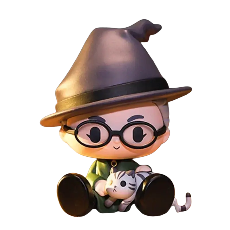 Pop mart harry potter blind box figurine with gray hat and green coat holding small white and gray striped cat actual product