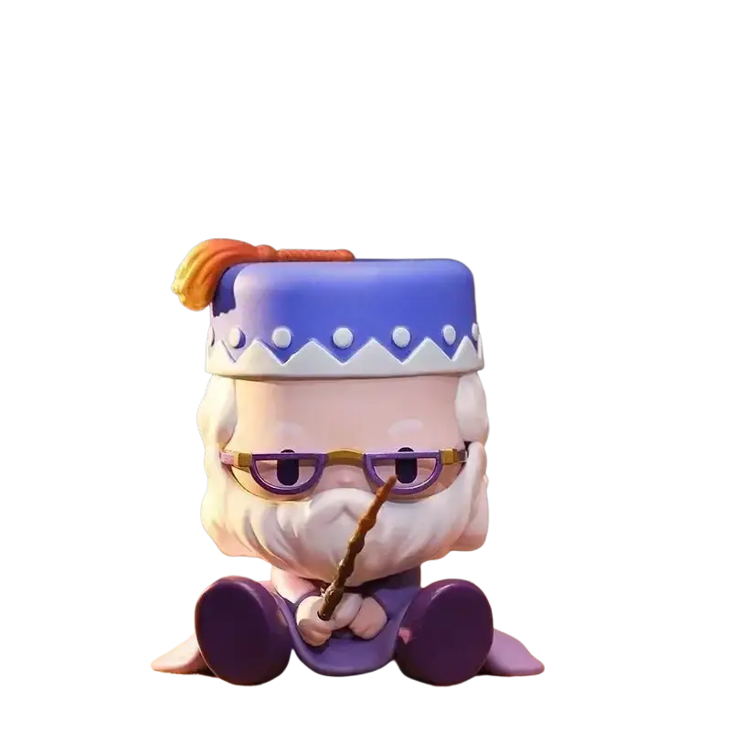 A charming purple and white pop mart blind box figurine of albus dumbledore holding his wand with blue hat and glasses