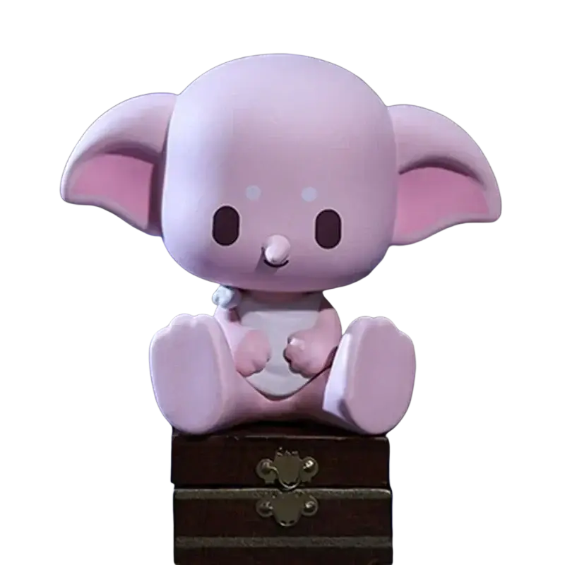 A soft pink plush blind box figurine of a cute seated creature with large ears from pop mart harry potter wizarding world actual product