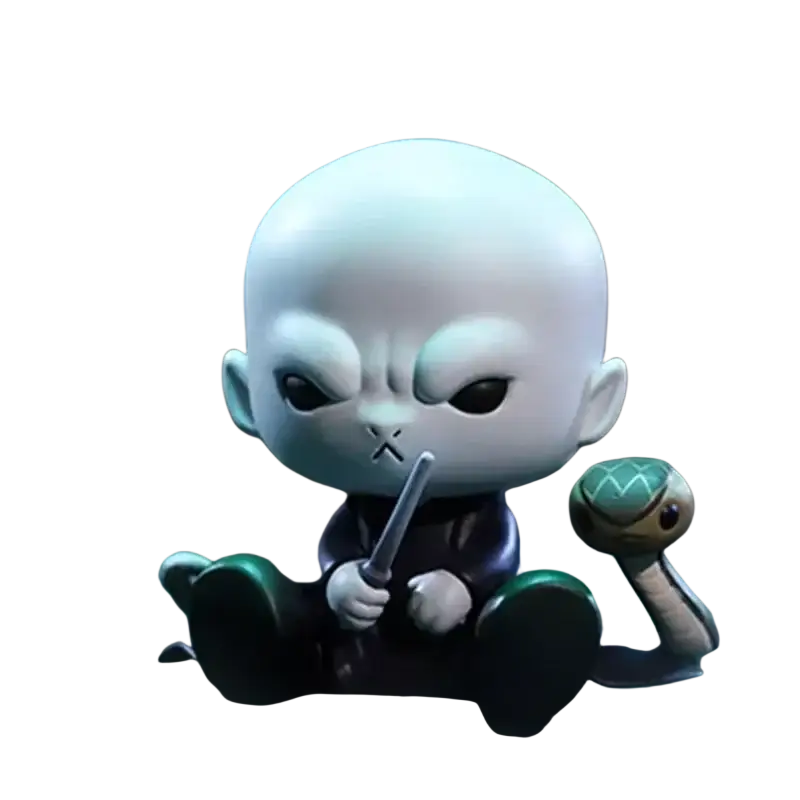 A white bald blind box figurine with black eyes and a silver wand seated by a green-tailed snake from Pop Mart Wizarding World
