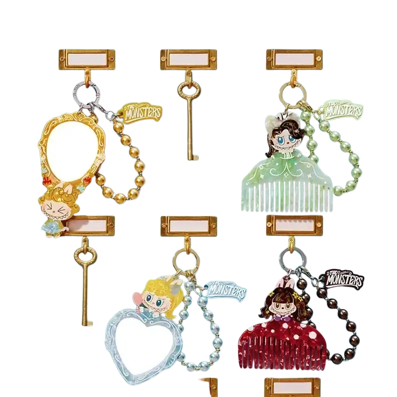 The pop mart labuub the monsters hair salon guess bag features cartoon keychains with unique mirror and comb designs