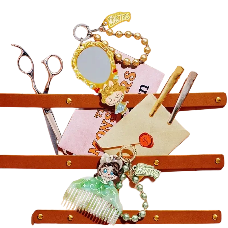 Gold-framed miniature mirror with pearl beads and pop mart labuub the monsters cartoon charm guess bag accessory