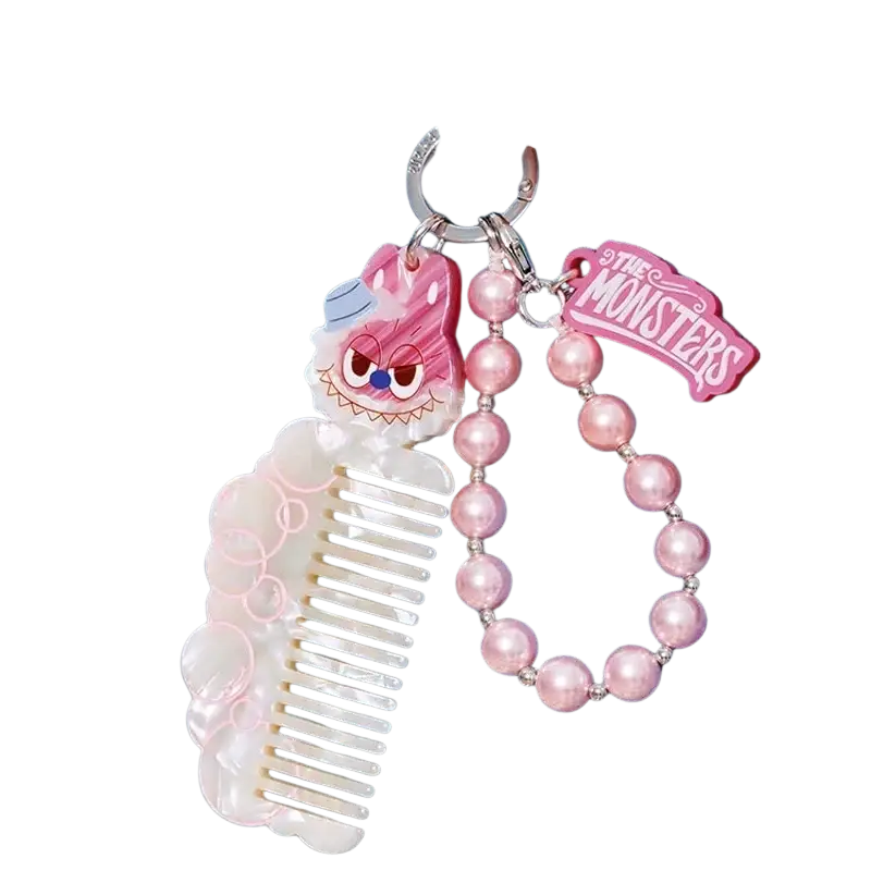 Pop mart labuub the monsters hair salon guess bag pink and white plastic comb keychain with monster face and pearl beads