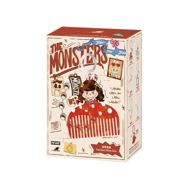 Pop mart labuub the monsters guess bag red plastic comb pendant with silver accents and keychain ring