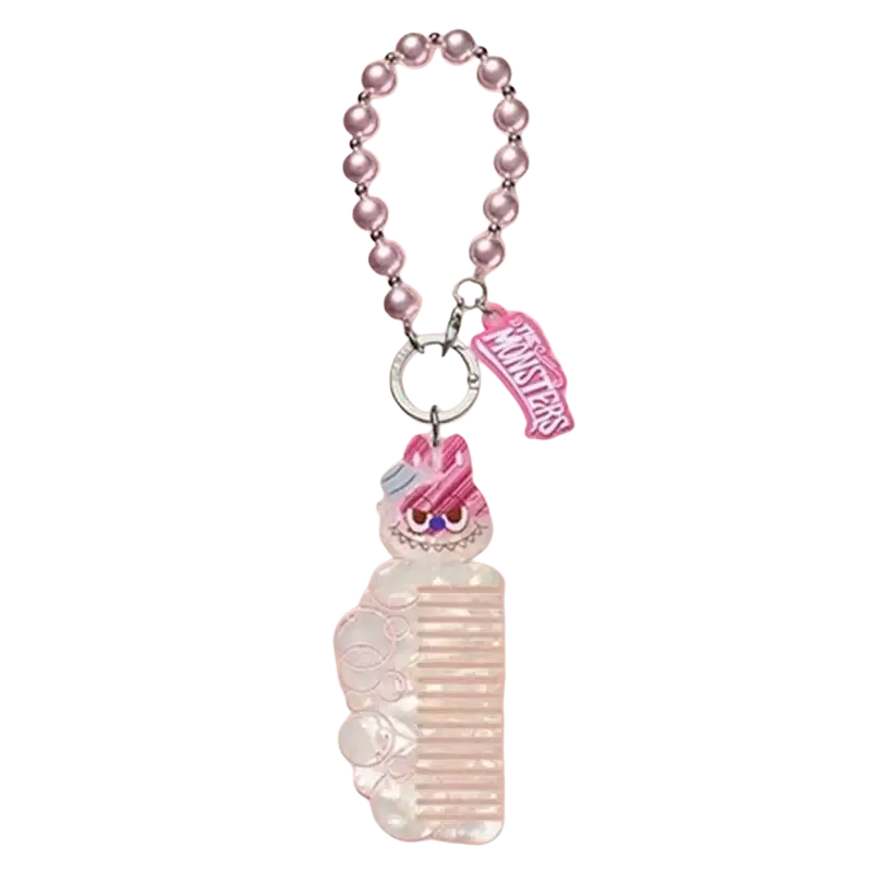 Pop mart labuub the monsters hair salon guess bag keychain with translucent pink and white comb and cute monster face
