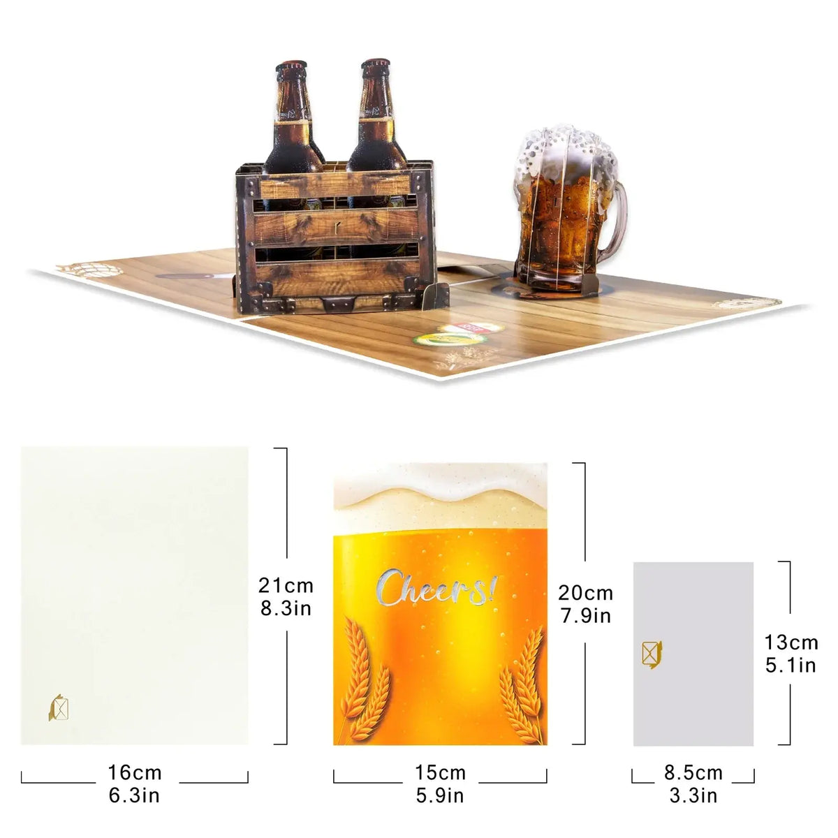 Wooden crate holding two brown beer bottles and a frothy amber beer mug on a printed table mat for fathers day gift