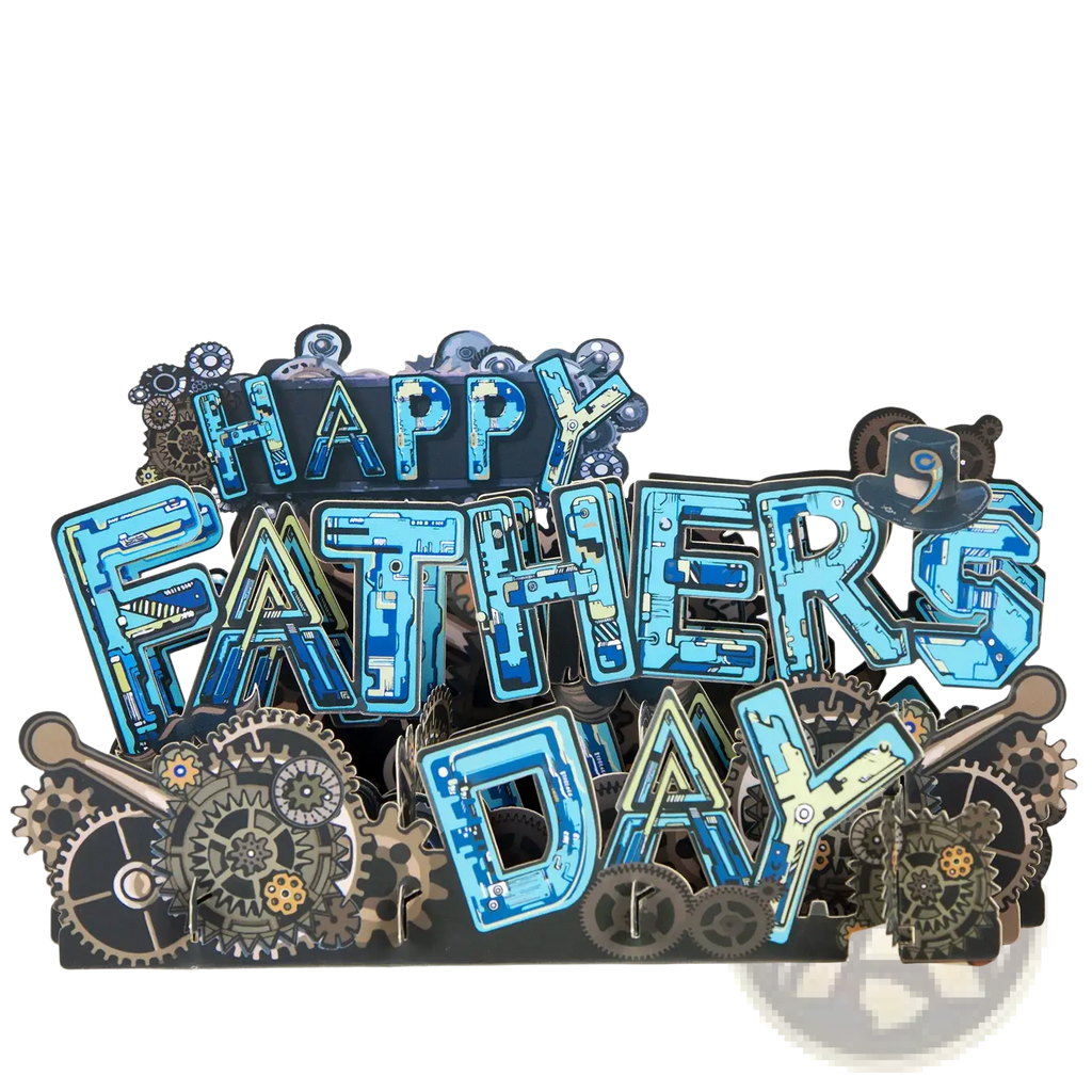 Blue and black steampunk-themed handmade pop-up fathers day card with intricate gear and mechanical design details