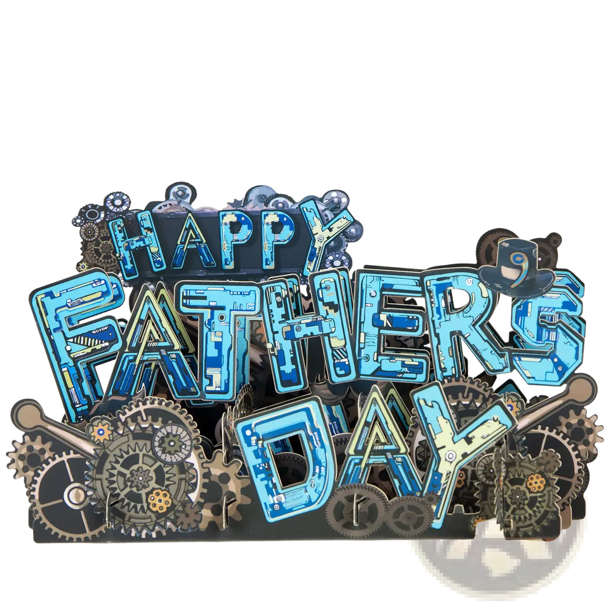 Blue and black steampunk-themed handmade pop-up fathers day card with intricate gear and mechanical design details