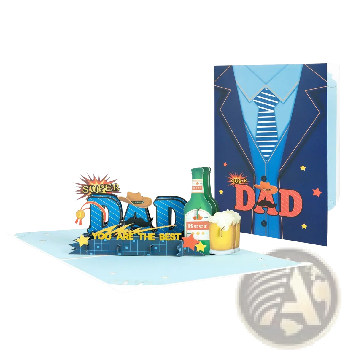 Blue and orange super dad pop up fathers day card with beer bottle glass cowboy hat mustache and stars design