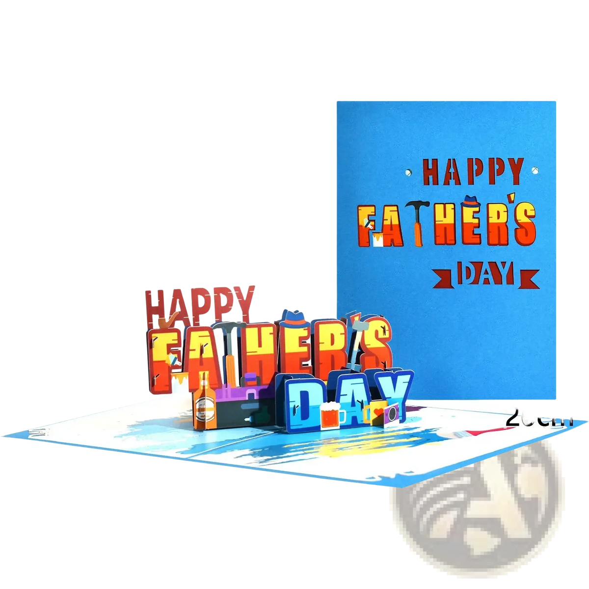 Vibrant three-dimensional handmade pop-up fathers day card featuring bold red and blue lettering and colorful toolbox design