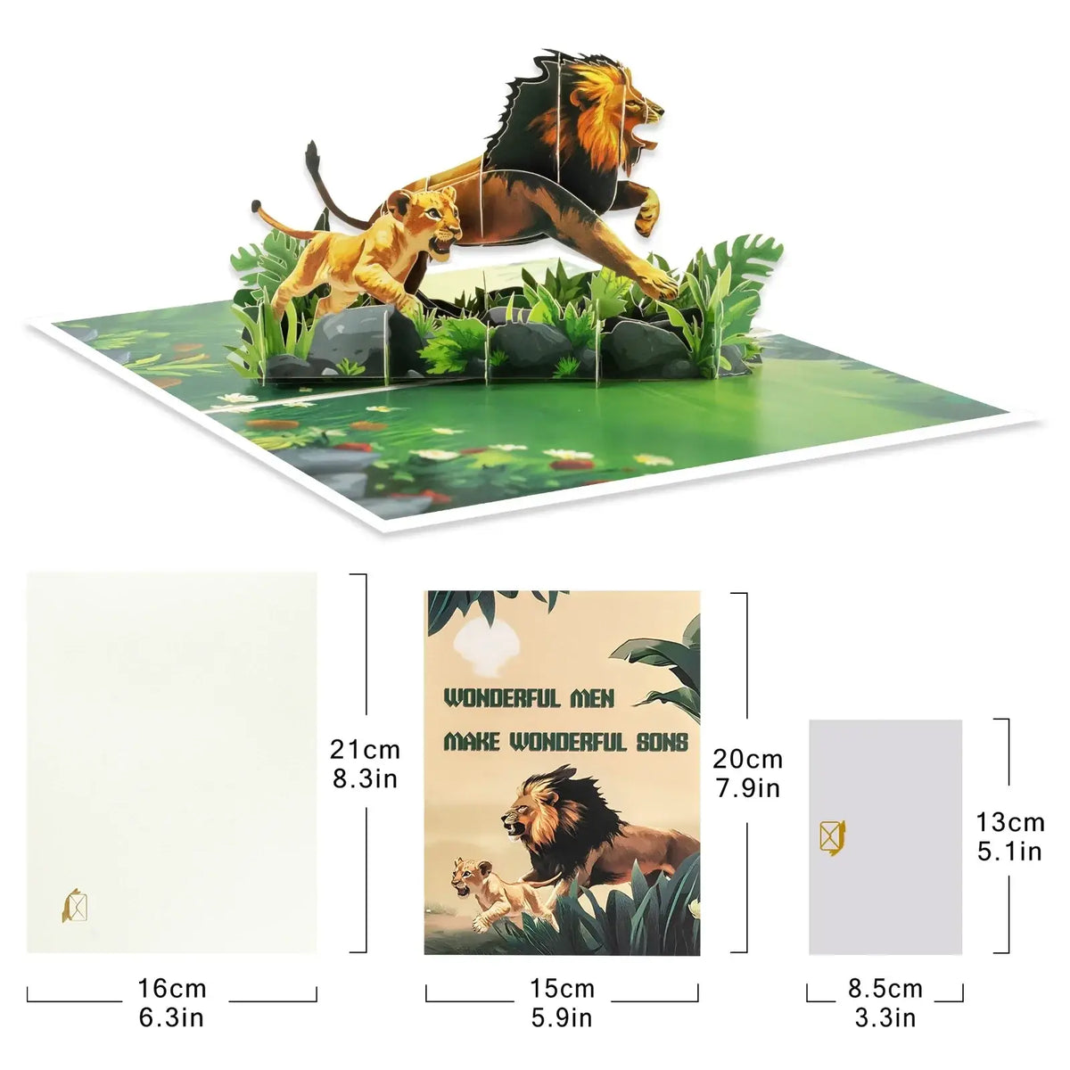 A vibrant handmade pop-up Fathers Day card featuring a golden lion and cub leaping over green foliage