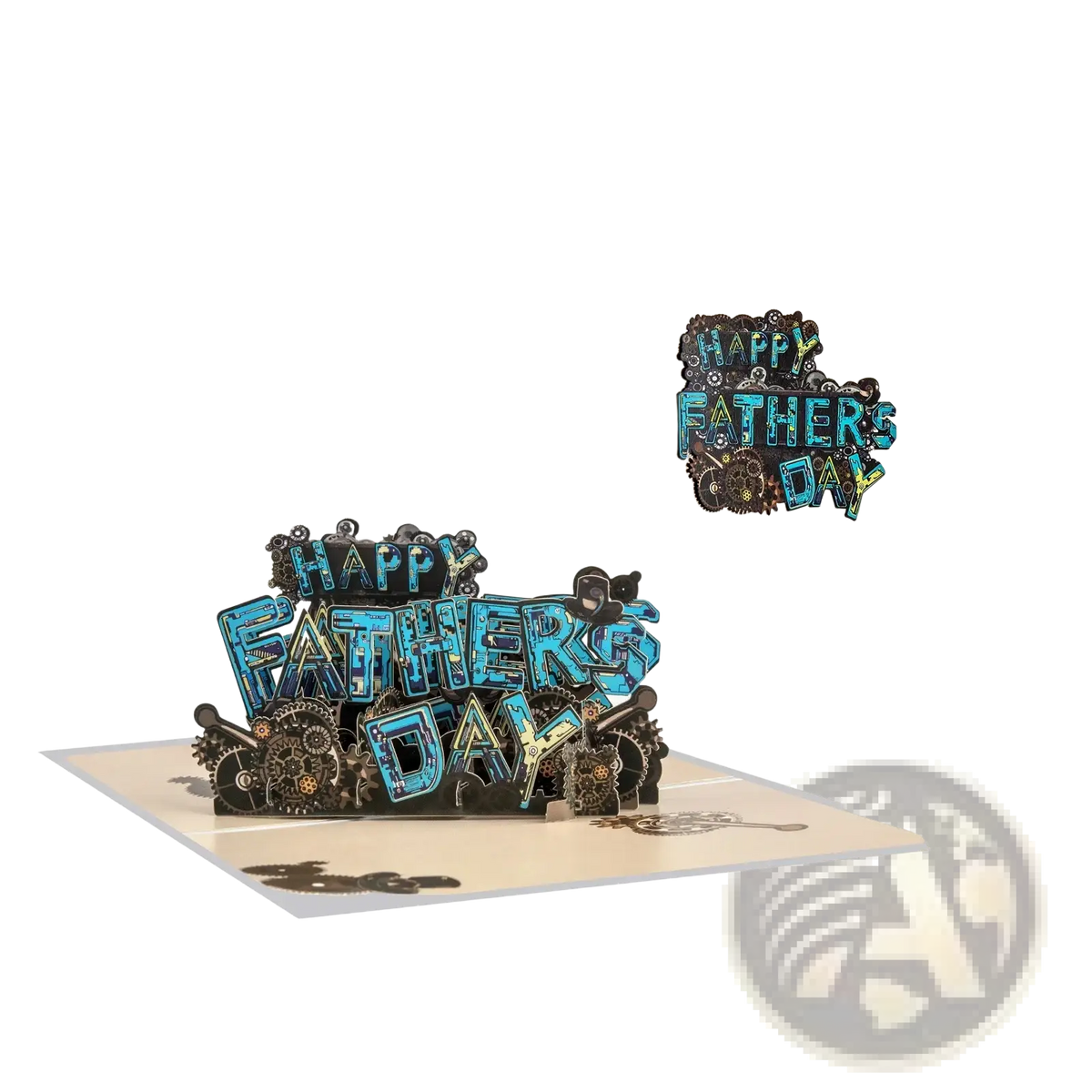 A steampunk-themed handmade pop up fathers day card with teal and black metallic lettering and intricate gears