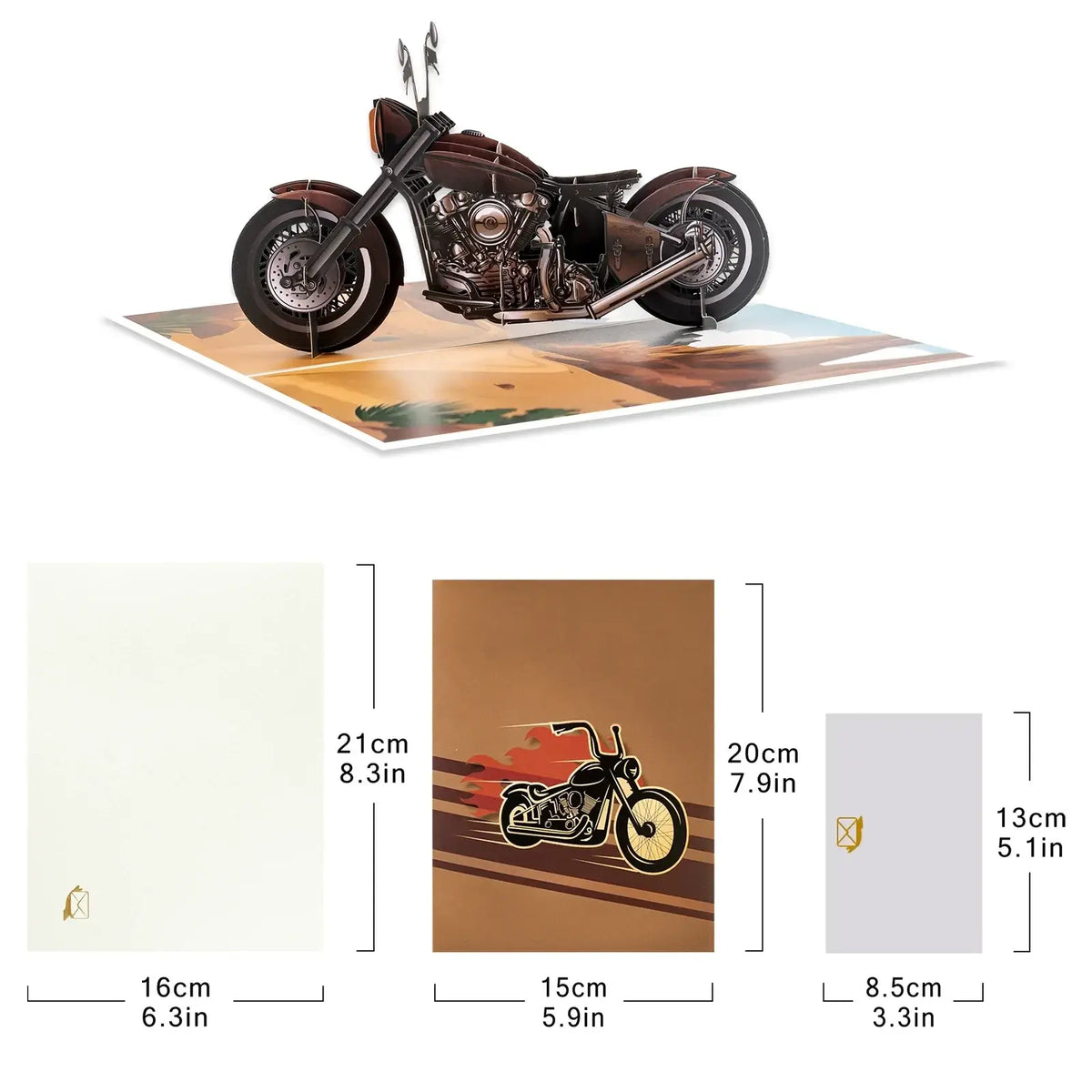Brown and black paper pop-up motorcycle card with detailed engine and chrome accents on a desert-themed base for fathers day