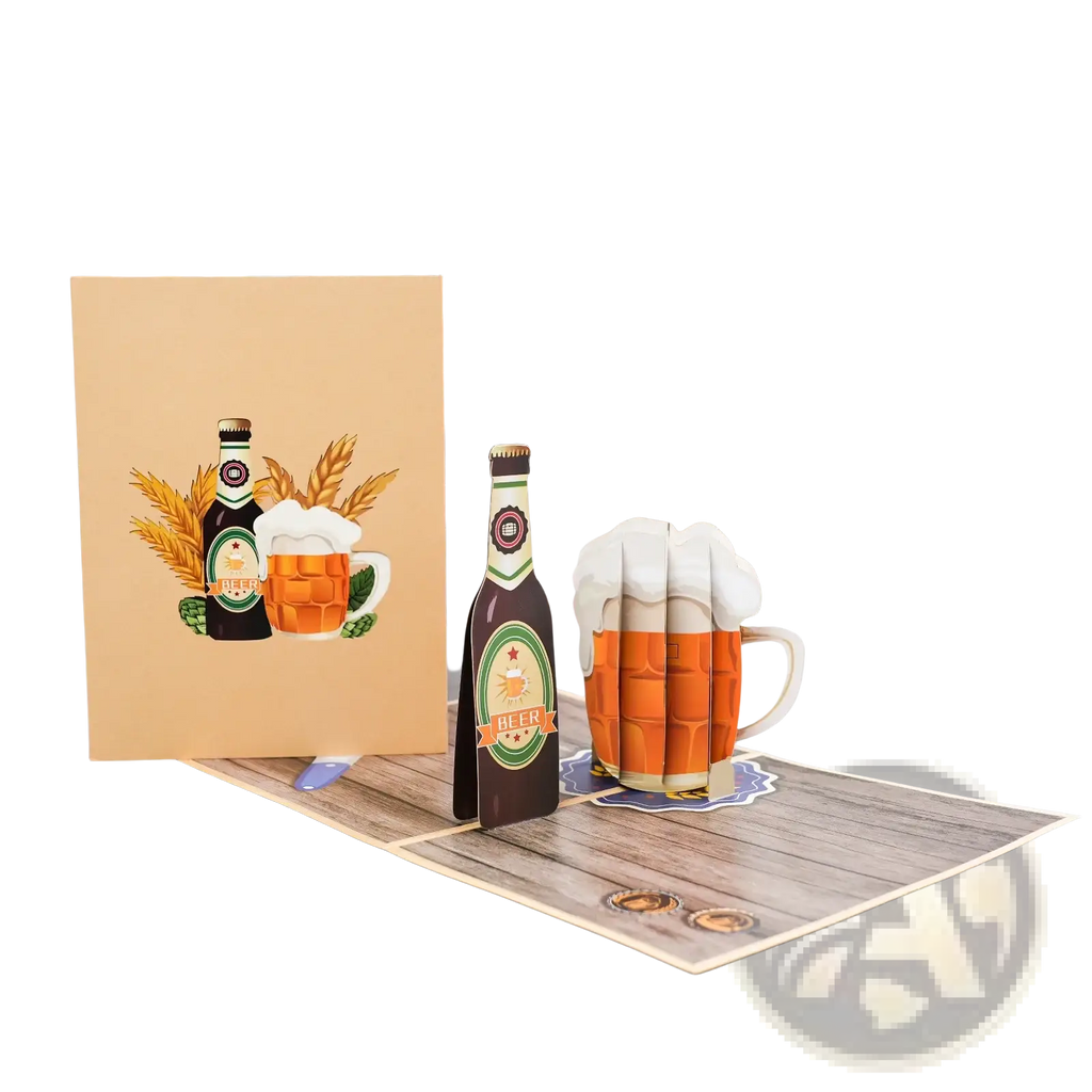 A handmade pop up fathers day card featuring a 3D dark beer bottle and orange frothy mug crafted from layered paper