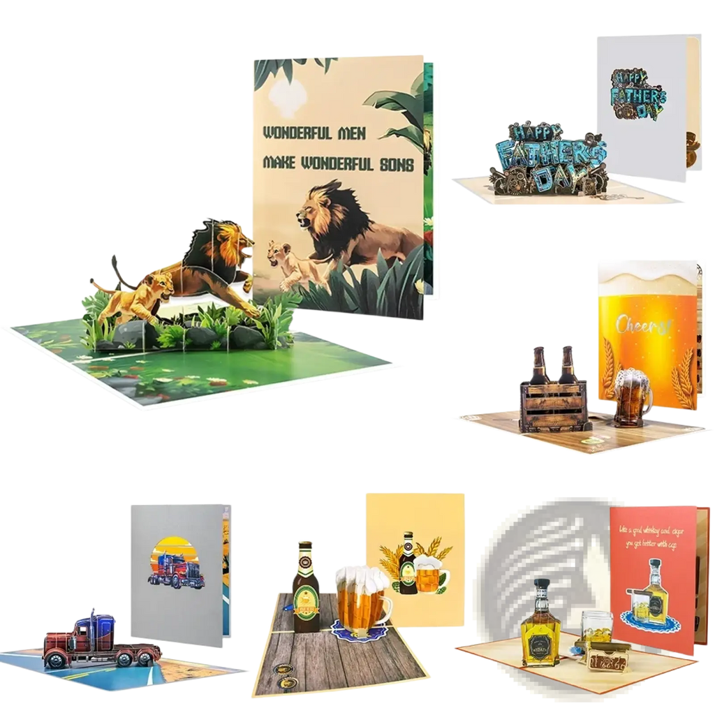 A vibrant handmade pop up Fathers Day card featuring a 3D lion and cub in a green savanna setting