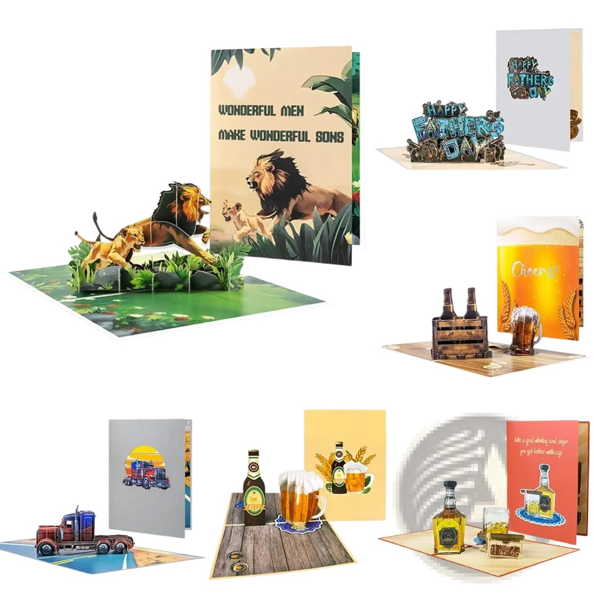 A vibrant handmade pop up Fathers Day card featuring a 3D lion and cub in a green savanna setting
